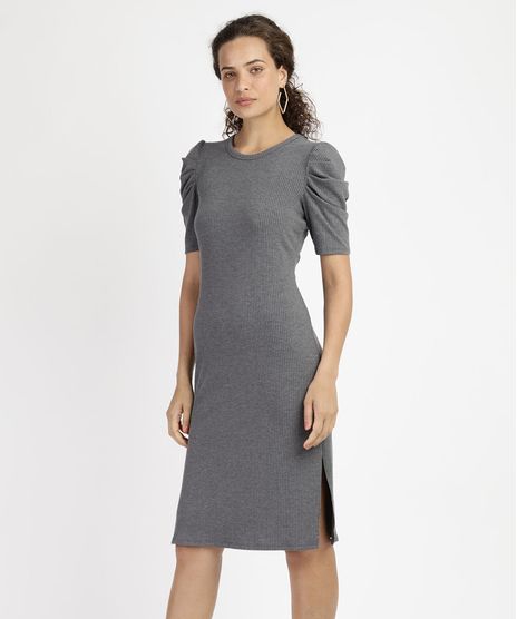 Vestido-Feminino-Midi-Canelado-Manga-Bufante-Cinza-Mescla-Escuro-9953621-Cinza_Mescla_Escuro_1