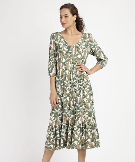 Vestido-Feminino-Midi-Estampa-de-Folhagens-Manga-Curta-com-Botoes-Multicor-9953808-Multicor_1
