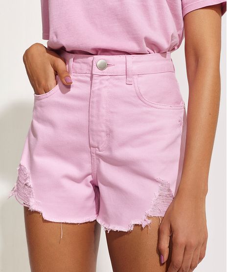 Short-Feminino-Pantone-de-Sarja-Destroyed-Cintura-Alta-com-Bolso-Barra-Desfiada-Rosa-9958711-Rosa_1