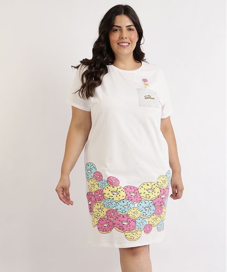 Camisola-Feminina-Plus-Size-Homer-Simpson-Donut-com-Bolso-Manga-Curta-Off-White-9957479-Off_White_1