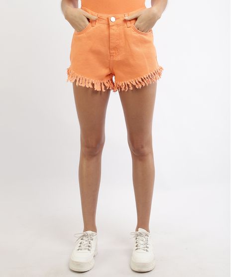 Short-Feminino-Pantone-de-Sarja-Cintura-Alta-com-Bolso-Barra-Desfiada-Laranja-9958712-Laranja_1