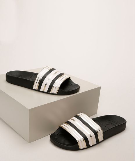 Chinelo-Feminino-Moleca-Slide-Estampado-de-Listras-Metalizadas-Preto-9961300-Preto_1