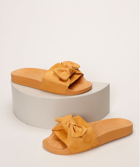 Chinelo-Feminino-Moleca-Slide-com-Suede-e-Laco-Mostarda-9961459-Mostarda_1