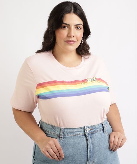 Blusa-Feminina-Plus-Size-Pride-Bob-Esponja-Arco-Iris-Manga-Curta-Decote-Redondo-Rose-9961961-Rose_1