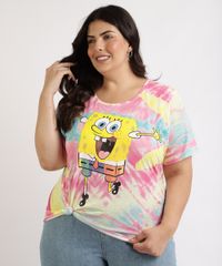 Blusa-Feminina-Plus-Size-Bob-Esponja-Estampada-Tie-Dye-Manga-Curta-Decote-Redondo-Multicor-9962264-Multicor_1