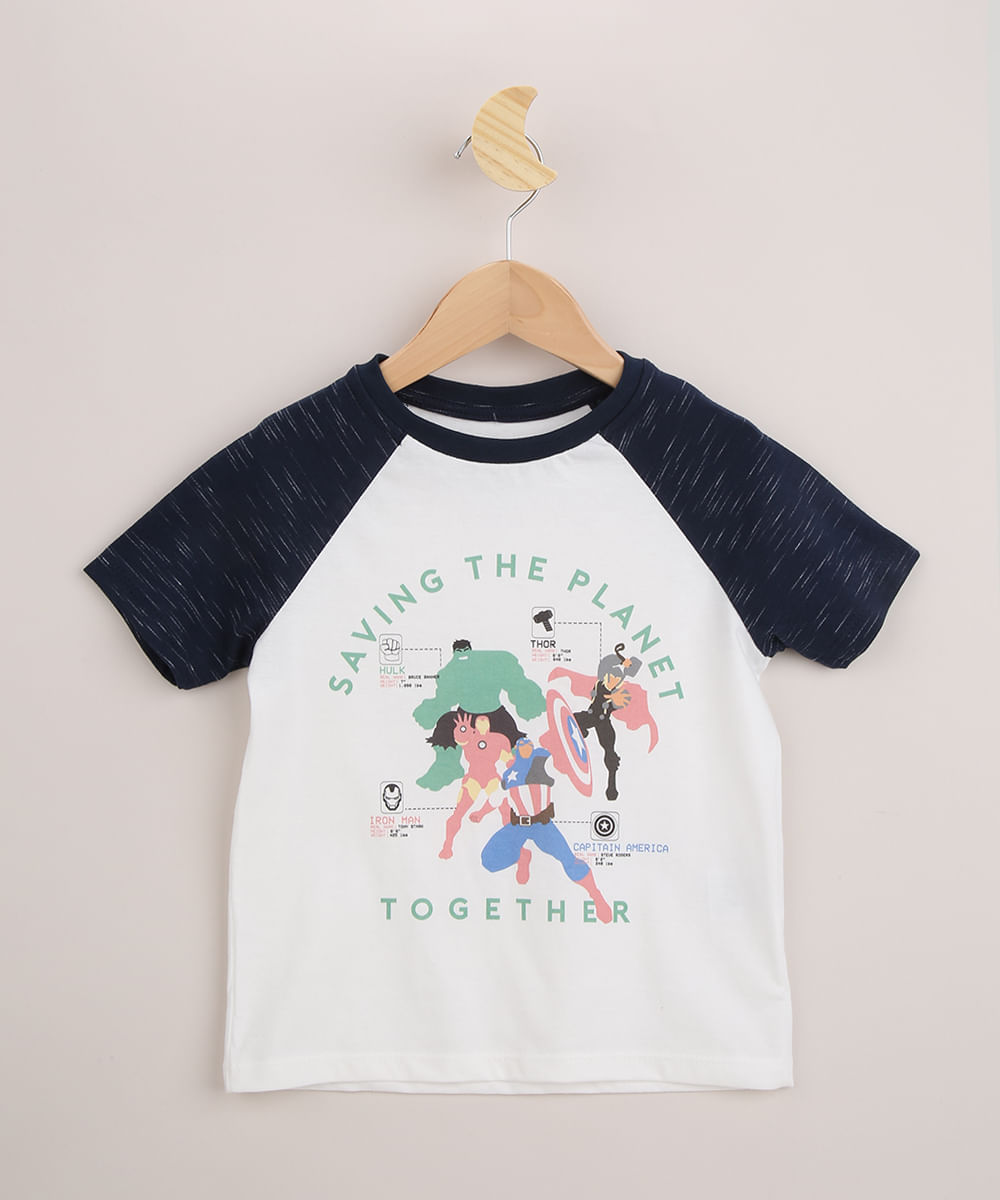 Camiseta Infantil Os Vingadores Raglan Manga Curta Branca