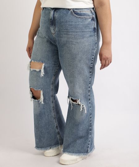 Calca-Jeans-Feminina-Plus-Size-Wide-Pantalona-Cintura-Super-Alta-Destroyed-com-Barra-Desfiada-Azul-Medio-9965144-Azul_Medio_1