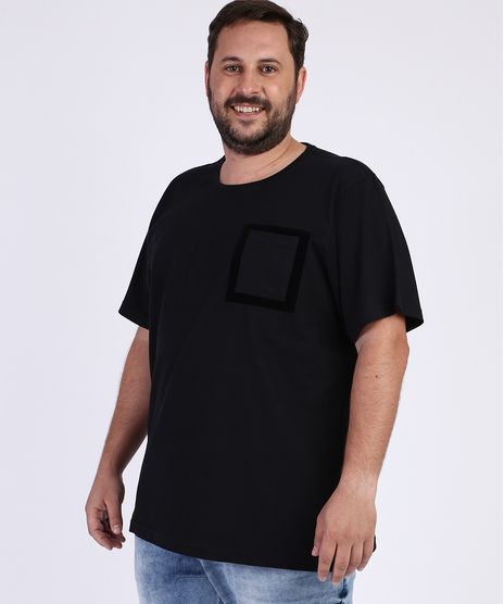 Camiseta-Masculina-Plus-Size-Slim-com-Bolso-Flocado-Manga-Curta-Gola-Careca-Preta-9966141-Preto_1