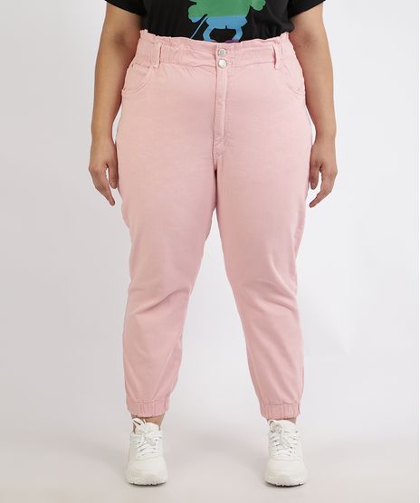 Calca-de-Sarja-Feminina-Plus-Size-Mom-Jogger-Cintura-Super-Alta-Rosa-Claro-9966757-Rosa_Claro_1