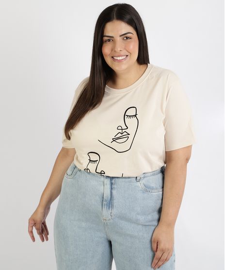 T-Shirt-Feminina-Mindset-Plus-Size-com-Bordado-de-Rostos-Manga-Curta-Decote-Redondo-Bege-Claro-9967296-Bege_Claro_1