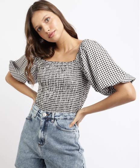 Blusa-Feminina-Mindset-Estampada-Xadrez-Vichy-com-Lastex-Manga-Bufante-Decote-Reto-Branca-9967297-Branco_1