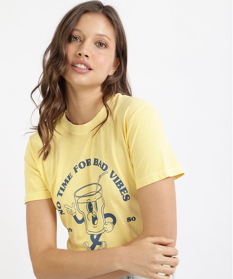 T-Shirt-Feminina-Mindset-Copo--No-Time-for-Bad-Vibes--Manga-Curta-Decote-Redondo-Amarela-9965363-Amarelo_1