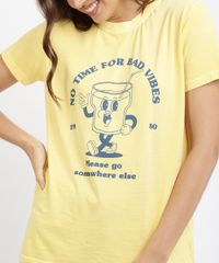 T-Shirt-Feminina-Mindset-Copo--No-Time-for-Bad-Vibes--Manga-Curta-Decote-Redondo-Amarela-9965363-Amarelo_5