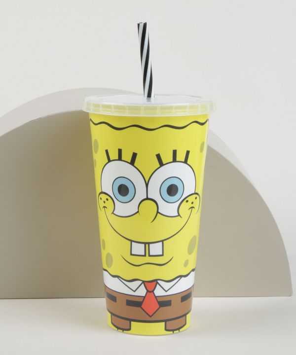 Copo com Canudo Bob Esponja Estampado Amarelo Único