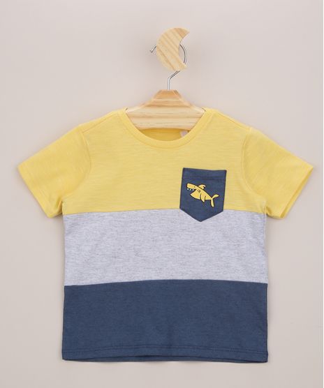 Camiseta-Infantil-com-Recortes-e-Bolsinho-de-Tubarao-Manga-Curta-Amarela-9955061-Amarelo_1