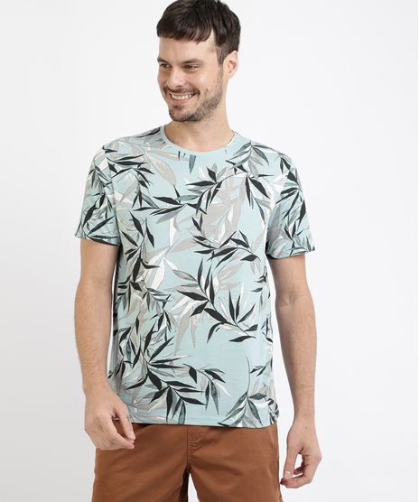 Camiseta-Masculina-Estampada-de-Folhagens-Manga-Curta-Gola-Careca-Verde-9957608-Verde_1