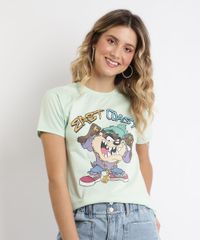 Blusa-Feminina-Taz-Looney-Tunes-Manga-Curta-Verde-Claro-9964586-Verde_Claro_1