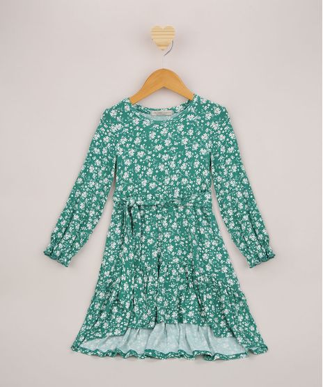 Vestido-Infantil-Midi-Estampado-Floral-com-Faixa-para-Amarrar-Verde-9962682-Verde_1