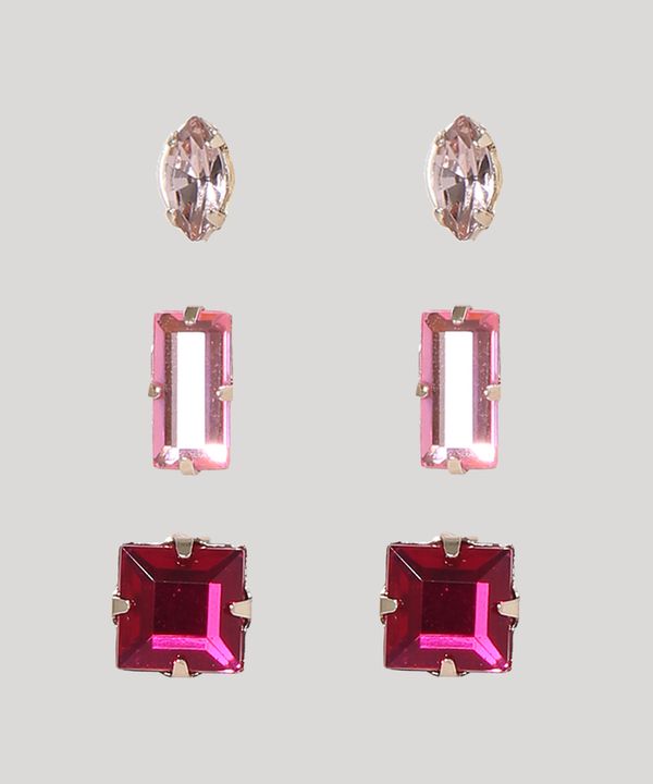 Kit Feminino de 3 Brincos Quadrado Retangular Circular com Zircônia Dourado Único
