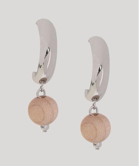 Brinco-Feminino-Argola-Media-com-Pingente-de-Madeira-Prateado-9964428-Prateado_1