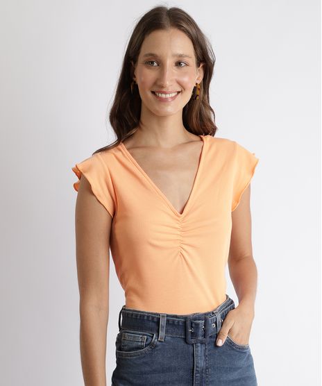 Blusa-Feminina-Canelada-Manga-Curta-Decote-V-com-Franzido-Laranja-Claro-9893630-Laranja_Claro_1
