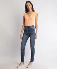 Blusa-Feminina-Canelada-Manga-Curta-Decote-V-com-Franzido-Laranja-Claro-9893630-Laranja_Claro_3