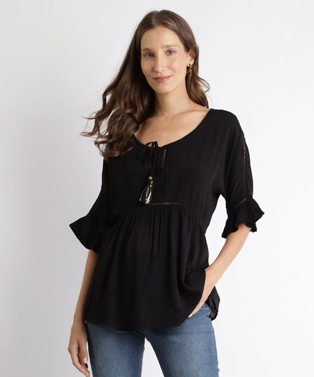 Blusa-Feminina-com-Tassel-e-Entremeios-Manga-Curta-Preta-9901869-Preto_1