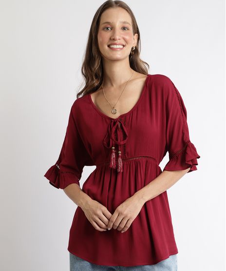 Blusa-Feminina-com-Tassel-e-Entremeios-Manga-Curta-Vinho-9901869-Vinho_1