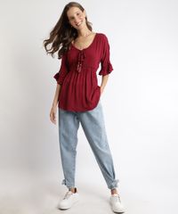 Blusa-Feminina-com-Tassel-e-Entremeios-Manga-Curta-Vinho-9901869-Vinho_3