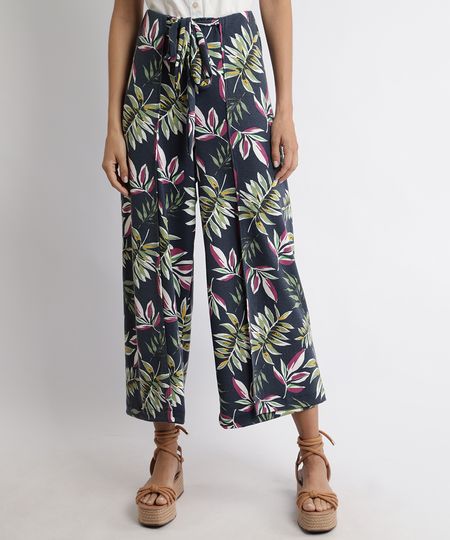 Calca-Feminina-Pantacourt-Estampada-de-Folhagem-Cintura-Alta-e-Faixa-para-Amarrar-Azul-Marinho-9943471-Azul_Marinho_1