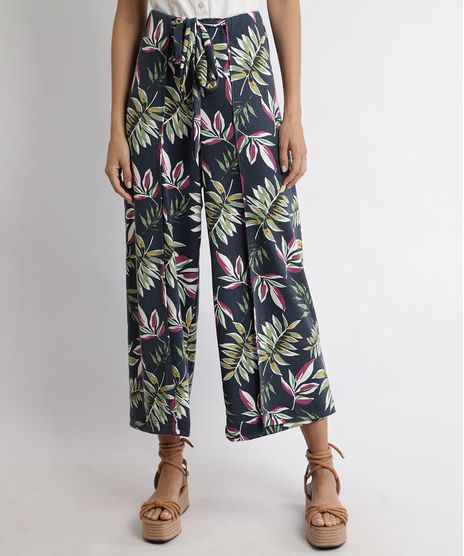 Calca-Feminina-Pantacourt-Estampada-de-Folhagem-Cintura-Alta-e-Faixa-para-Amarrar-Azul-Marinho-9943471-Azul_Marinho_1