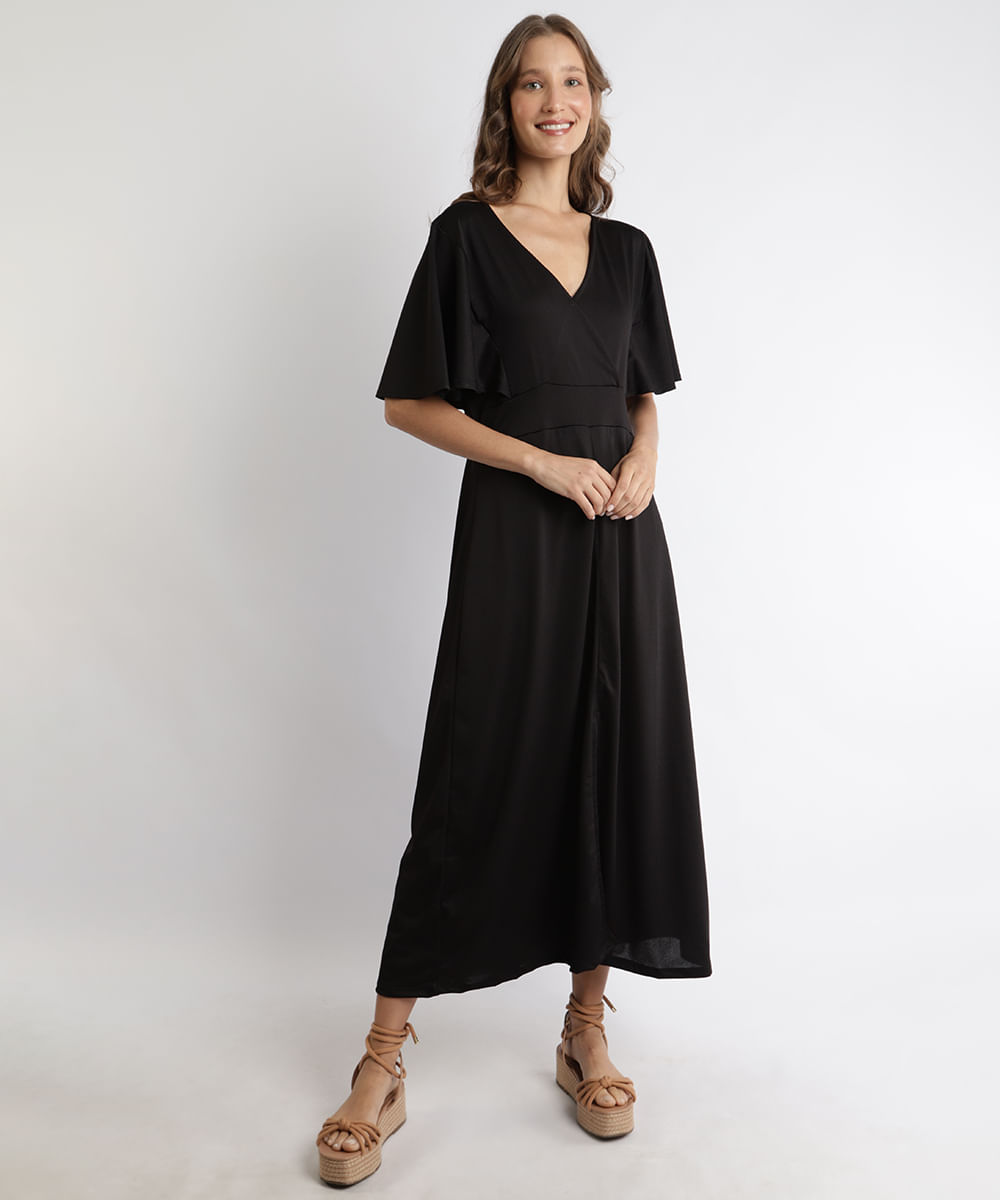 Vestido Feminino Midi com Manga Curta Ampla Decote V Preto