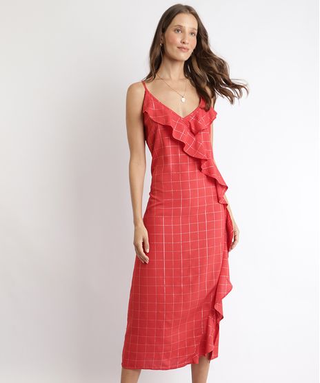 Vestido-Feminino-Midi-Estampado-Quadriculado-com-Babados-Alca-Fina-Decote-V-Vermelho-9960068-Vermelho_1