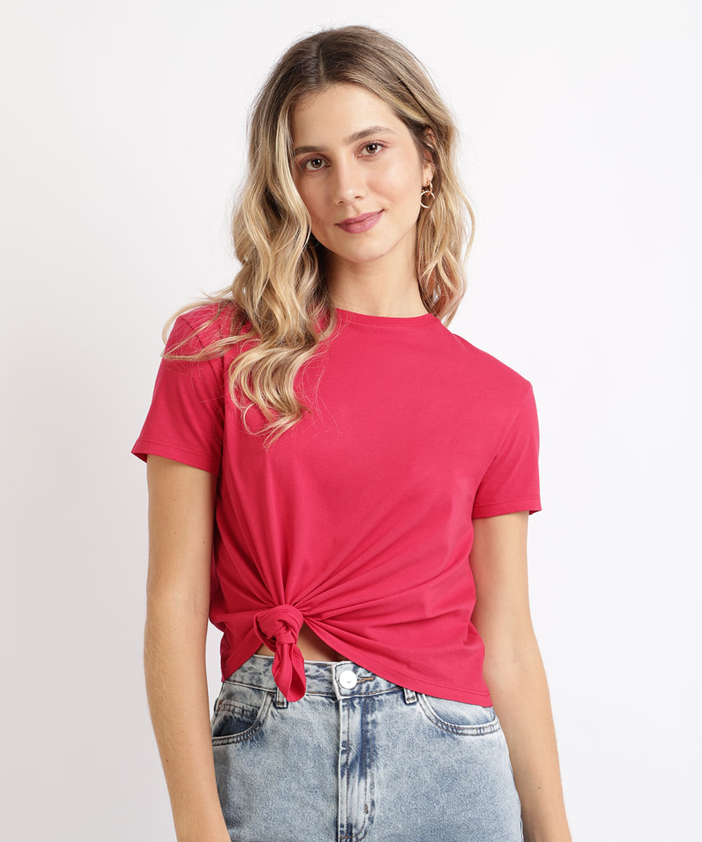 blusa feminina básica com nó manga curta decote redondo vermelho claro