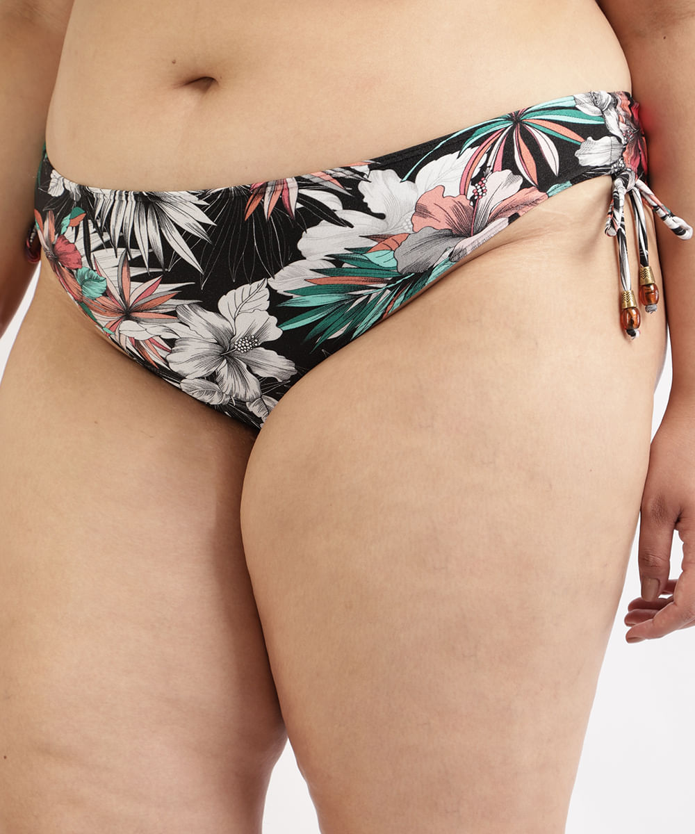 Biquíni Calcinha Plus Size Estampado Floral com Amarração e Proteção UV50+ Preto