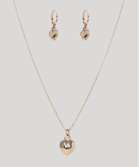 Kit-de-Brinco---Colar-Femininos-Folheados-com-Pingente-de-Coracao-Dourado-9964170-Dourado_1