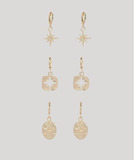 Kit-3-de-Brincos-Femininos-Estrela-Dourado-9965900-Dourado_1