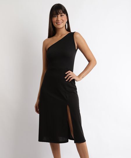 vestido preto ombro a ombro com fenda