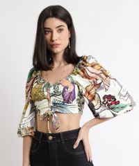 blusa feminina cropped estampada tropical com amarração manga bufante decote princesa off white