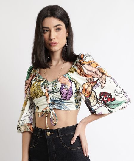 blusa feminina cropped estampada tropical com amarração manga bufante decote princesa off white