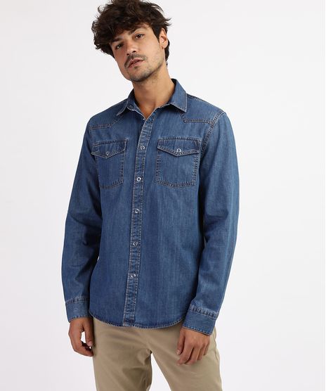 Camisa-Jeans-Masculina-Slim-com-Bolsos-e-Botoes-de-Pressao-Manga-Longa-Azul-Medio-9822072-Azul_Medio_1