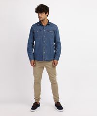 Camisa-Jeans-Masculina-Slim-com-Bolsos-e-Botoes-de-Pressao-Manga-Longa-Azul-Medio-9822072-Azul_Medio_3