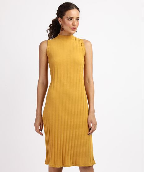 Vestido-Feminino-Canelado-Sem-Manga-Gola-Alta-Mostarda-9960695-Mostarda_1