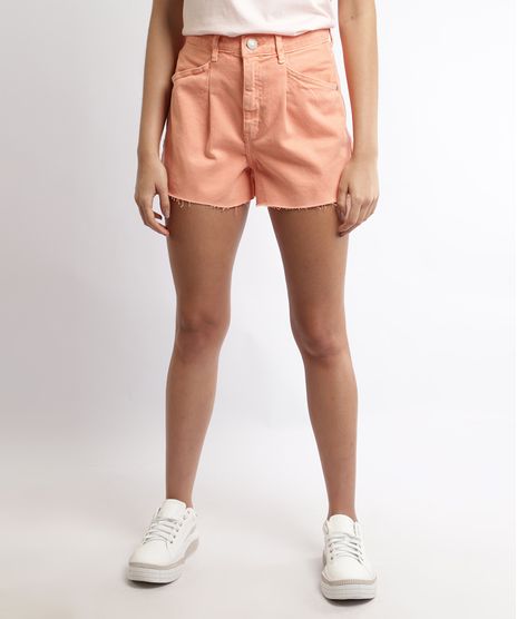 Short-de-Sarja-Feminino-Mom-Cintura-Super-Alta-com-Pregas-e-Barra-a-Fio-Laranja-9963986-Laranja_1
