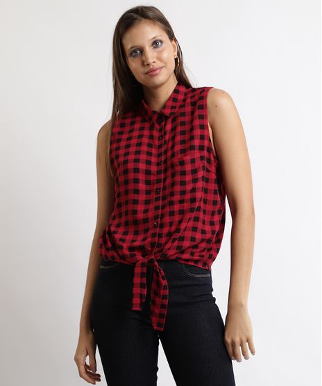 Camisa-Feminina-Estampada-Xadrez-Vichy-Com-No-e-Bolso-Sem-Manga-Vinho-9875268-Vinho_1
