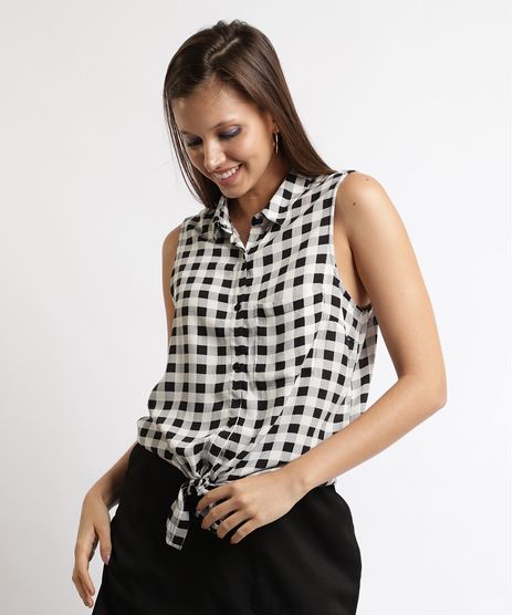 Camisa-Feminina-Estampada-Xadrez-Vichy-Com-No-e-Bolso-Sem-Manga-Preta-9875268-Preto_1