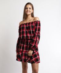 Vestido-Feminino-Curto-Ombro-a-Ombro-Estampado-Xadrez-Manga-Longa-Vermelho-9895345-Vermelho_1