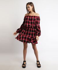 Vestido-Feminino-Curto-Ombro-a-Ombro-Estampado-Xadrez-Manga-Longa-Vermelho-9895345-Vermelho_3