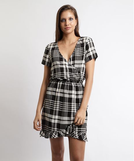 Vestido-Feminino-Curto-Transpassado-Estampado-Xadrez-Manga-Curta-Preto-9896302-Preto_1
