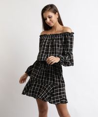 Vestido-Feminino-Curto-Ombro-a-Ombro-Estampado-Xadrez-Manga-Longa-Preto-9895346-Preto_1